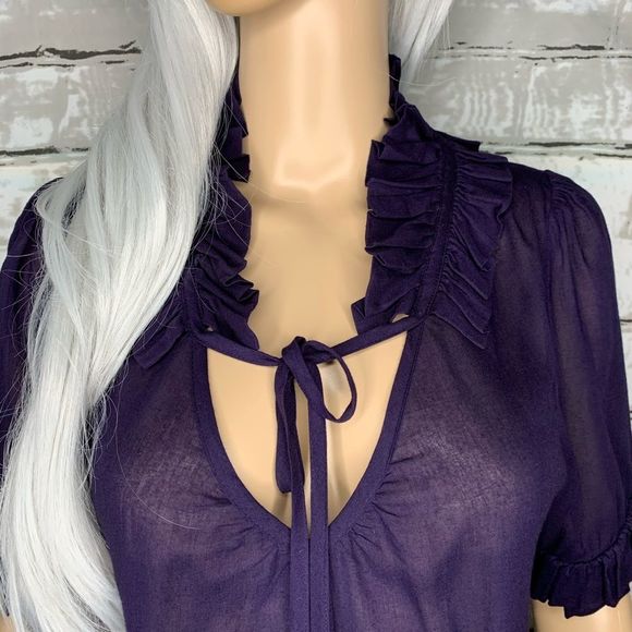 Anthro Odille Ruffle Neck Cuff Purple Tunic Top Size Small - Picture 3 of 11
